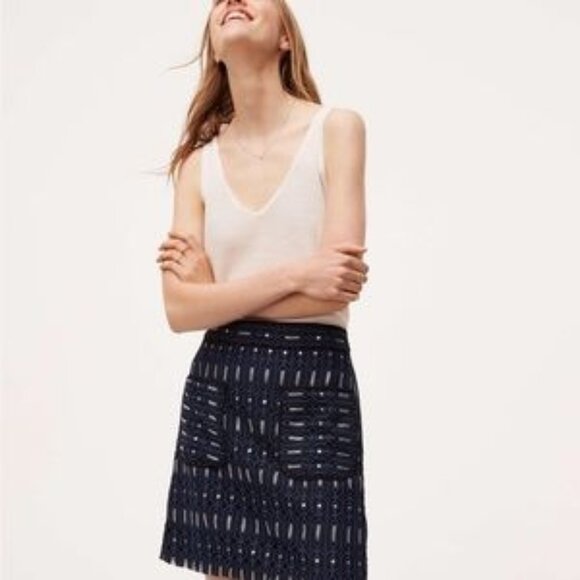 Loft Geo Circuit Lace Pockets Skirt Blue Black Metallic Silver Size 14 - Picture 2 of 6